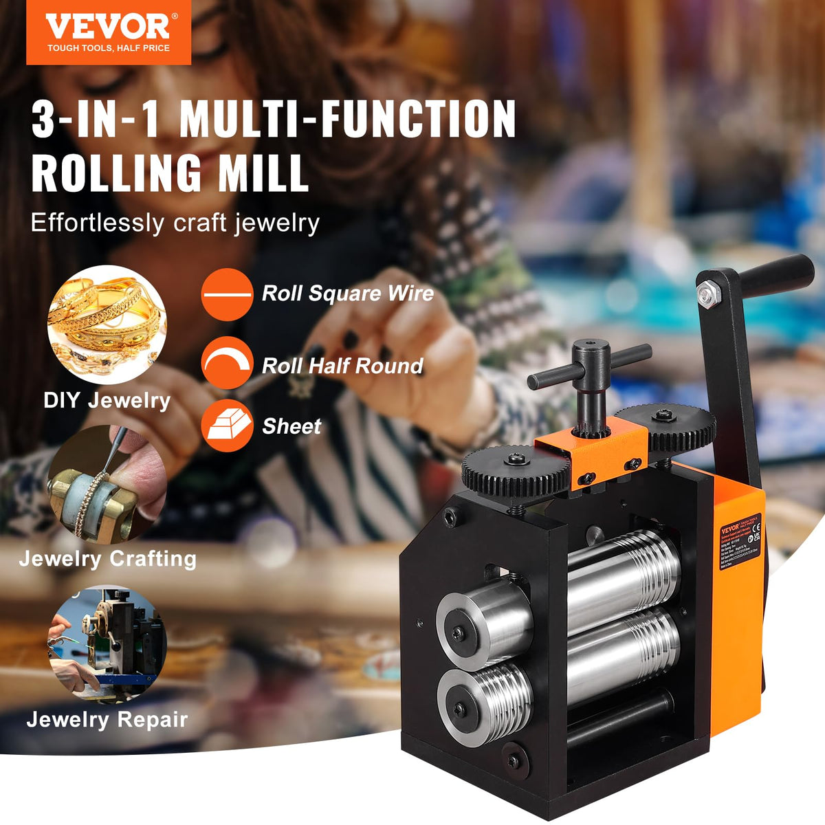 VEVOR Jewelry Press, 75mm Width, 3-in-1 Functionality, Gear Ratio 1:2, Adjustable 0.03-6.5mm Press Thickness, Ideal for Crafting Metal Jewelry Sheets, Squares, Wires, and Semicircles
