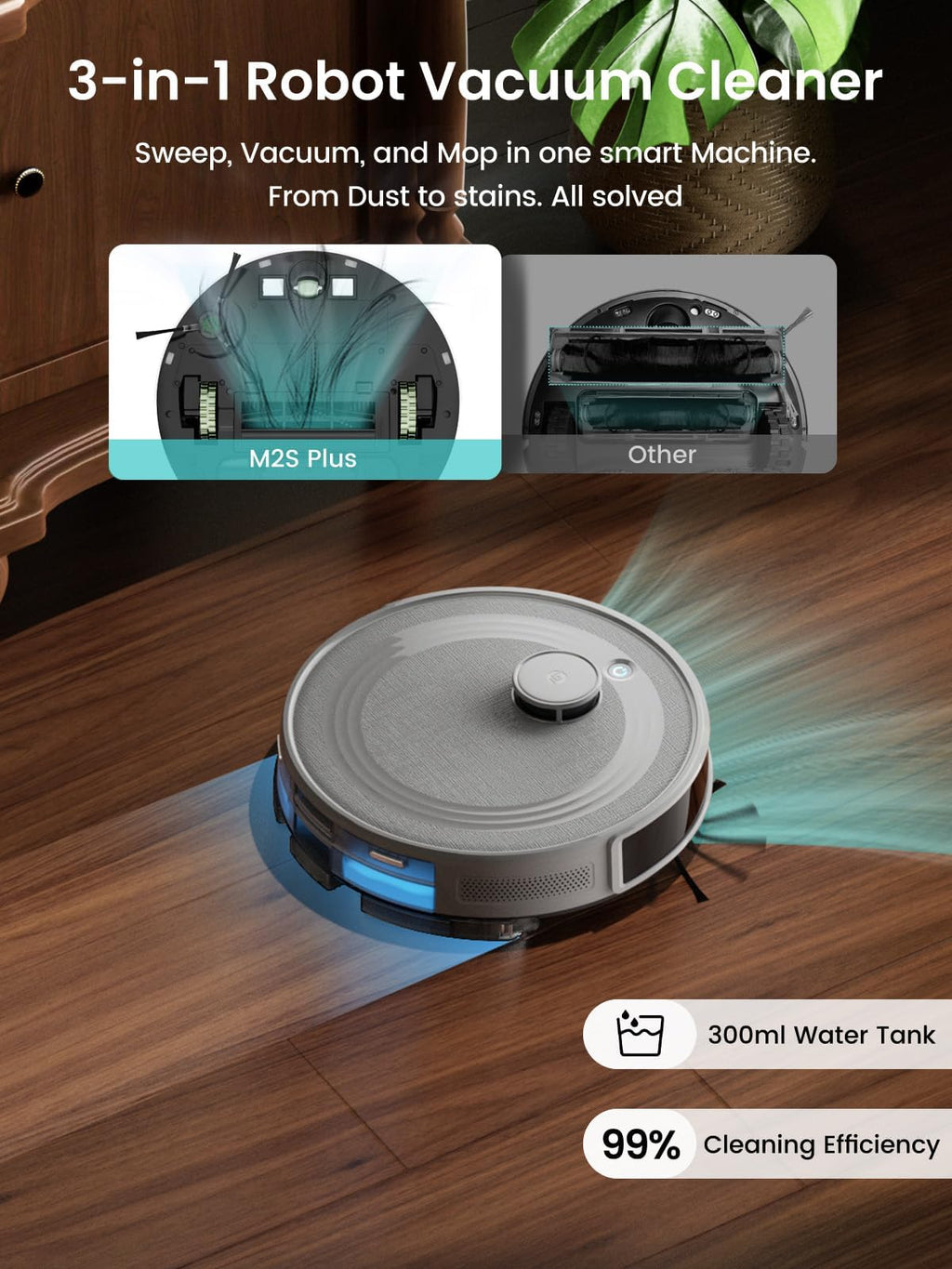 Lefant Robot Vacuum and Mop Combo, 10000Pa Suction, 75-Day Self-Emptying Base with Multi-Floor Mapping, 240Min Runtime, Ideal for Pet Hair & Carpets, Wi-Fi/Alexa/App Control, M2S Plus
