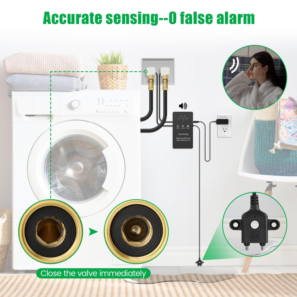 Washing Machine Water Leak Detector Kit with Dual Power Supply, Precise Sensor, Automatic Shut-Off Hot & Cold Valves 3/4" 90° , Alarm Sound and Alarm Light