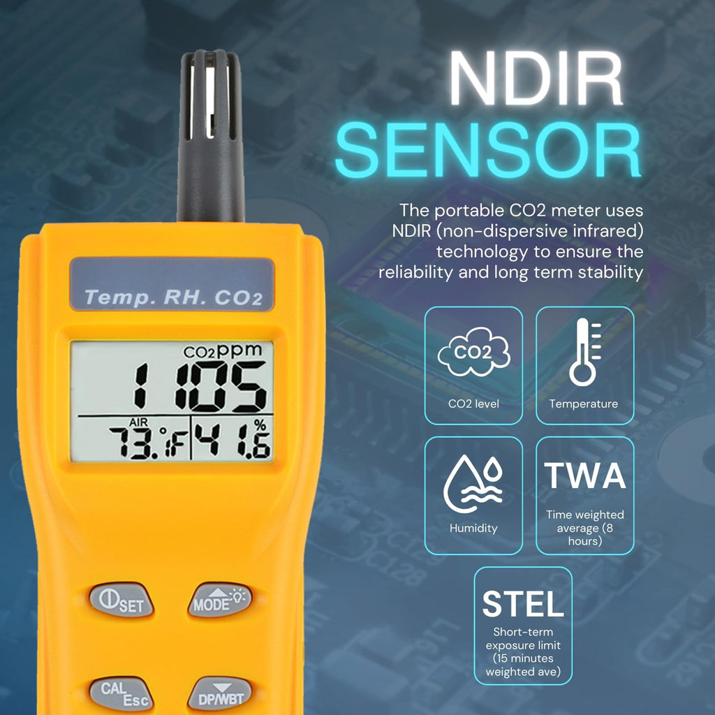 Portable CO2 Meter Handheld CO2 Detector Monitor 0~9999ppm, Carbon Dioxide Meter with Alarm Function, Temperature & Humidity Meter NDIR Sensor Air Quality Monitor for Home Trip Classroom and Office
