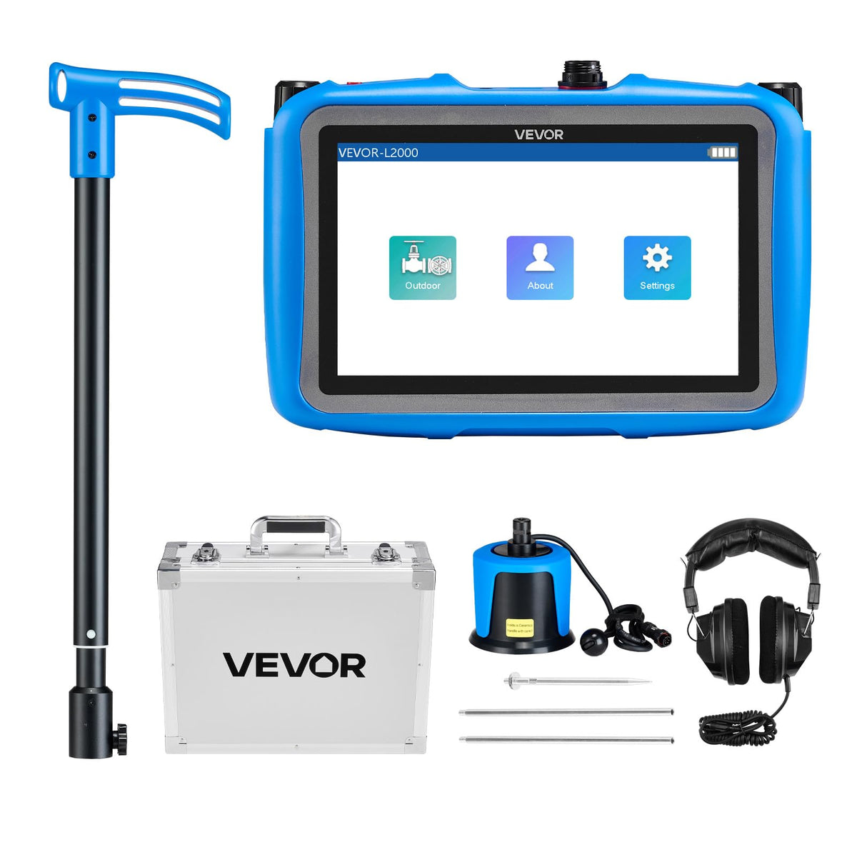 VEVOR Pipe Water Leak Detector for Outdoors, 1Hz-10000Hz, 7" Touchscreen Water Leakage Detection Locator for 16.4FT (5m) Underground Plumbing - with Medium Sensor, 3 Listening Rods, Headphone & Case