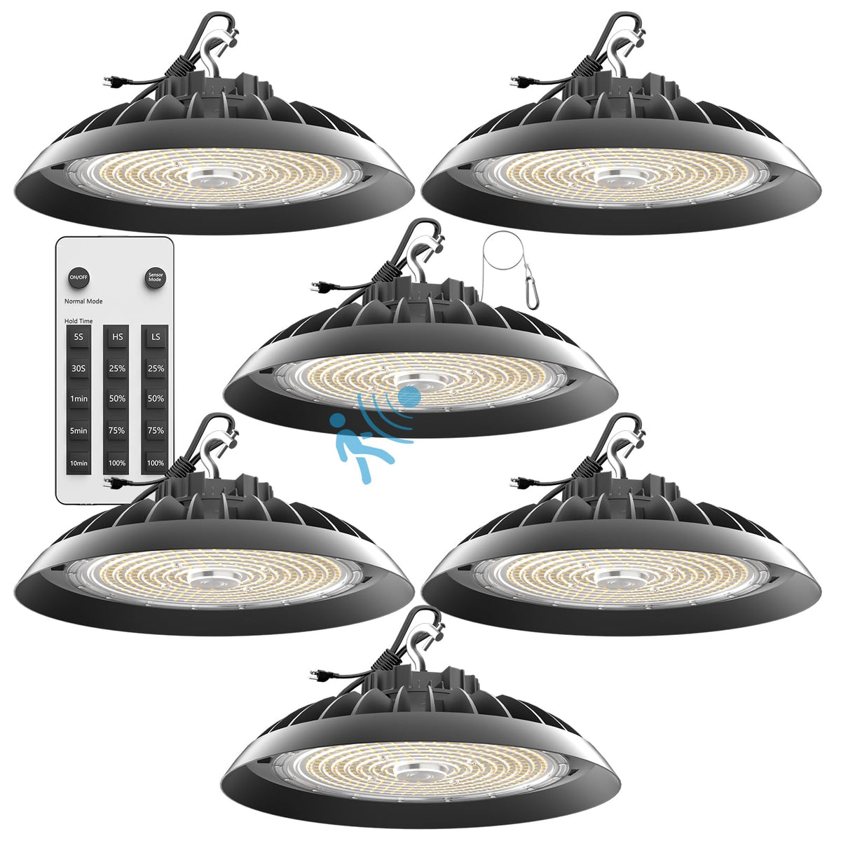 6Pack Smart 300W LED High Bay Shop Lights Motion Sensor UFO Lights