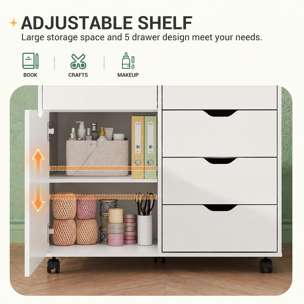 DEVAISE 5-Drawer Wood Office Cabinet, Craft Storage Cabinet, White