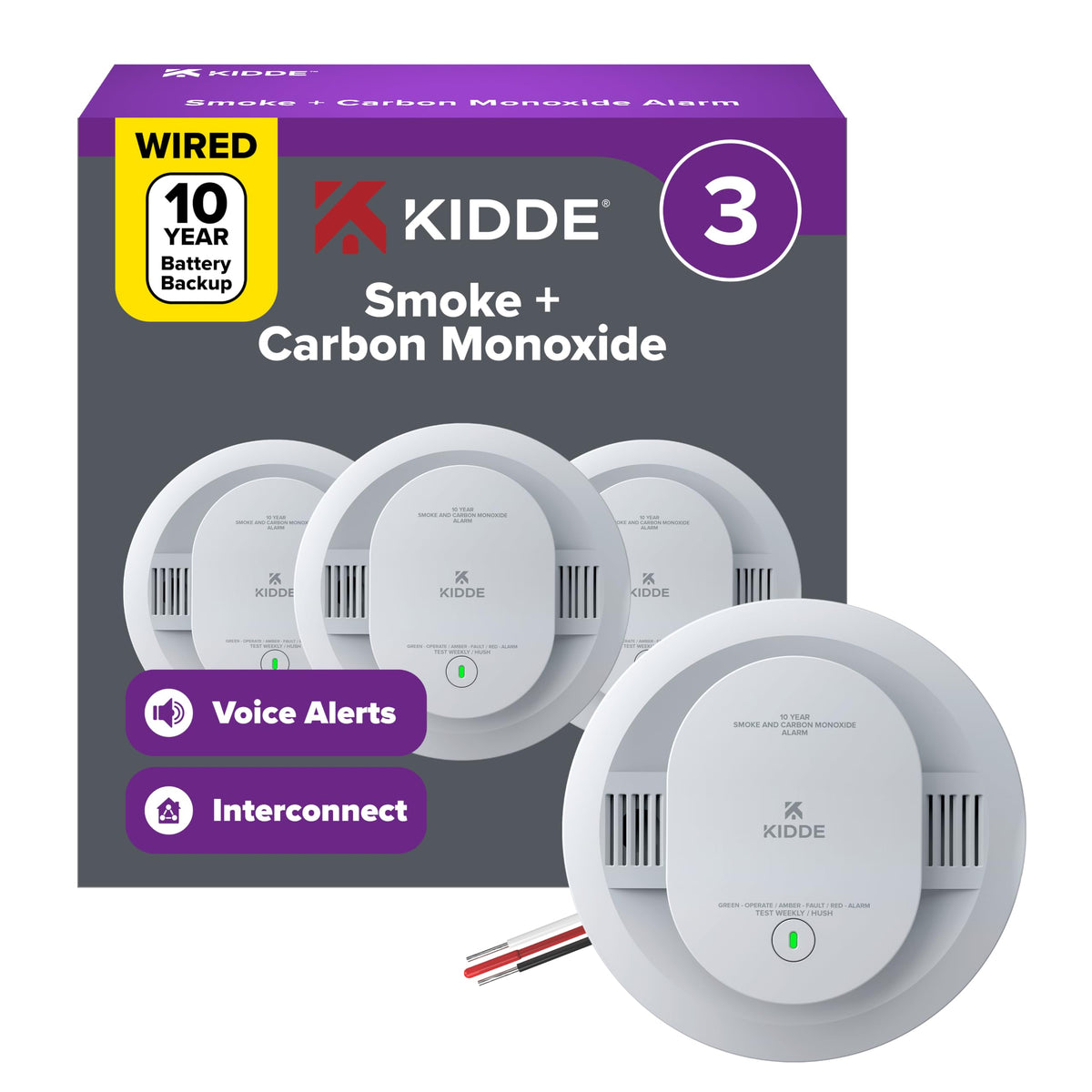 Kidde Smoke & CO Detector, Hardwired & 10-Year Battery, 30CUA10-V, 3 Pack