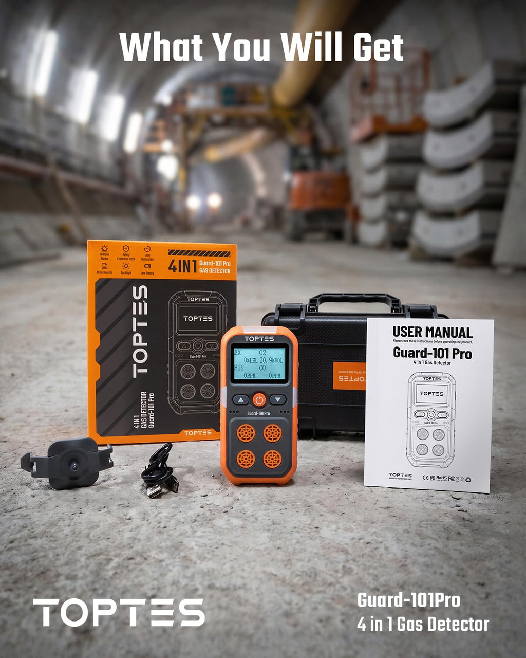 TopTes Guard-101Pro 4 Gas Monitor, Gas Detector for H2S, CO, LEL and O2, Upgraded 5-Year O2 Sensor, Vibration, Visual and Audible Alarms, 14-Hour Battery Life, Explosion-Proof, for Work and Home