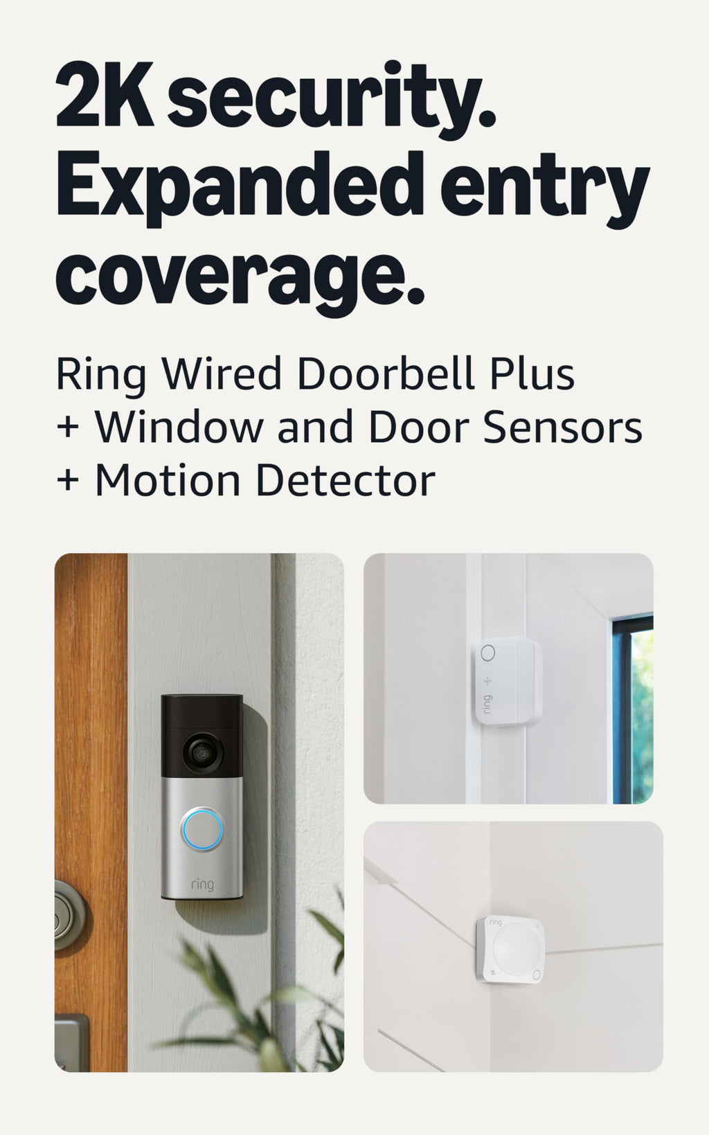 Ring Wired Doorbell Plus (2nd Gen), Silver Nickel with 4 Window and Door Sensors (newest model) and Motion Detector (newest model)