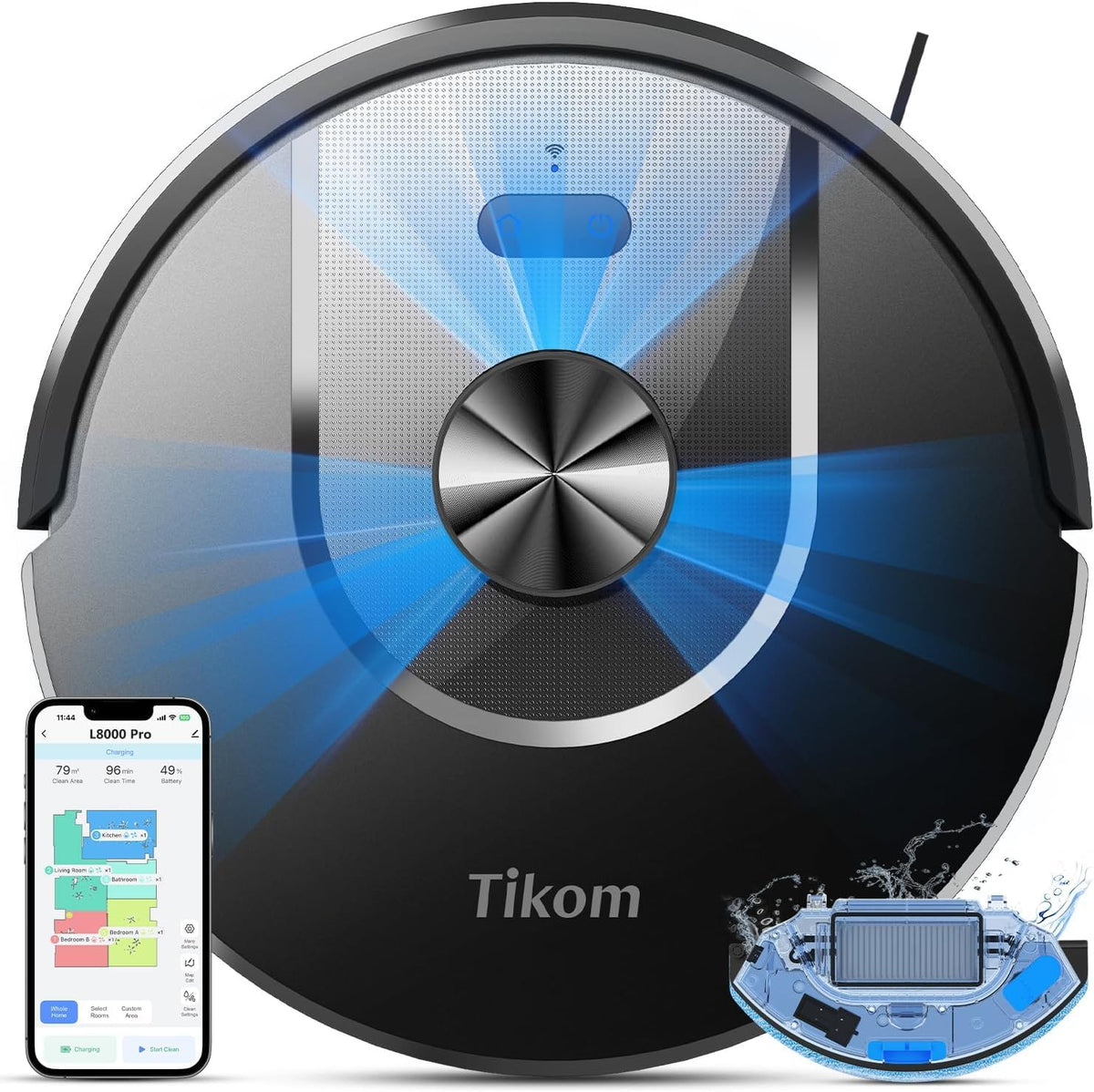 Tikom Robot Vacuum and Mop Combo, 6000Pa Automatic Robotic Vacuum Cleaner, Smart Mapping, 150 Min Max, Ideal for Pet Hair, Hardfloors, Carpets, Home(L8000 Pro)