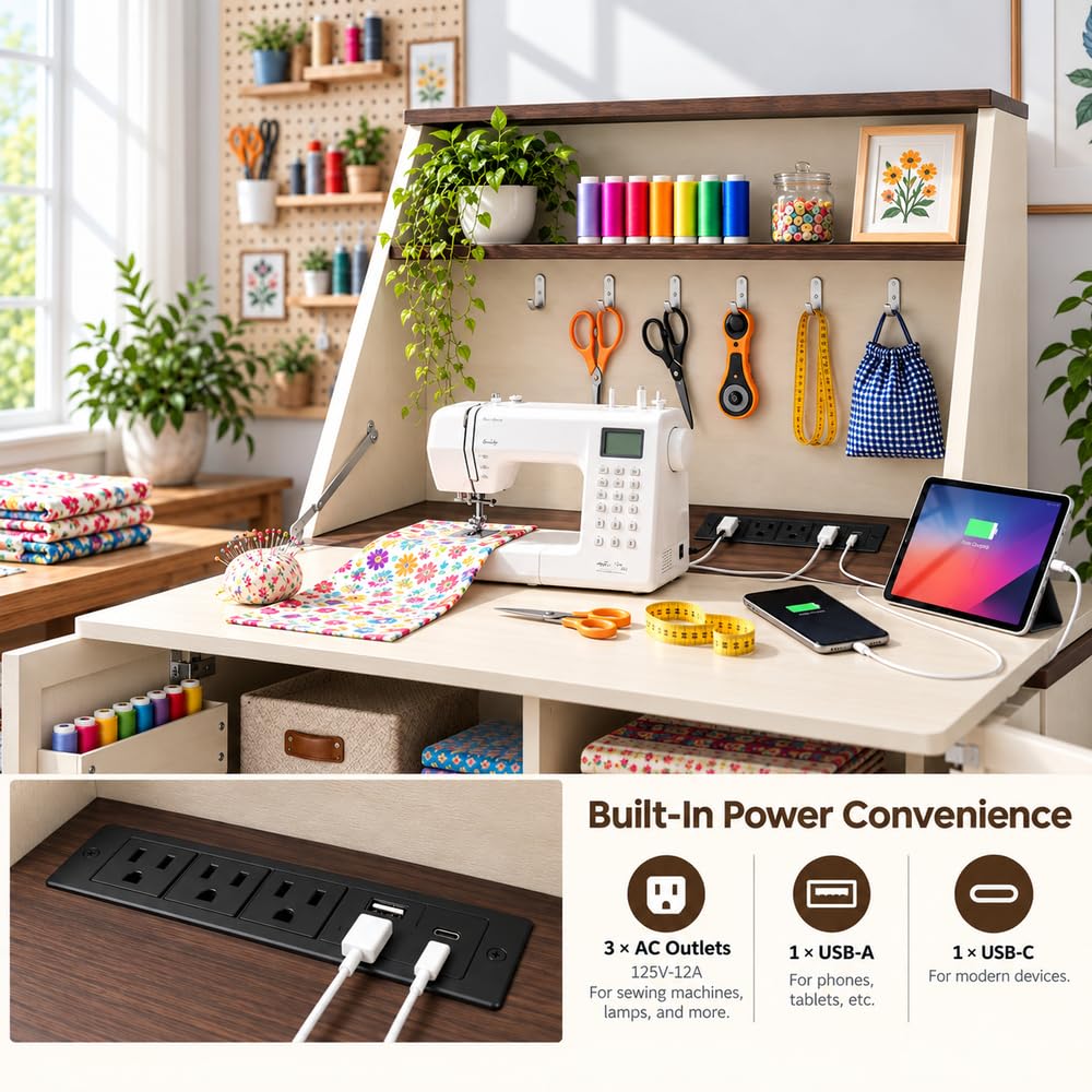 Foldable Sewing Craft Table with Storage Cabinet & Power Outlets, White