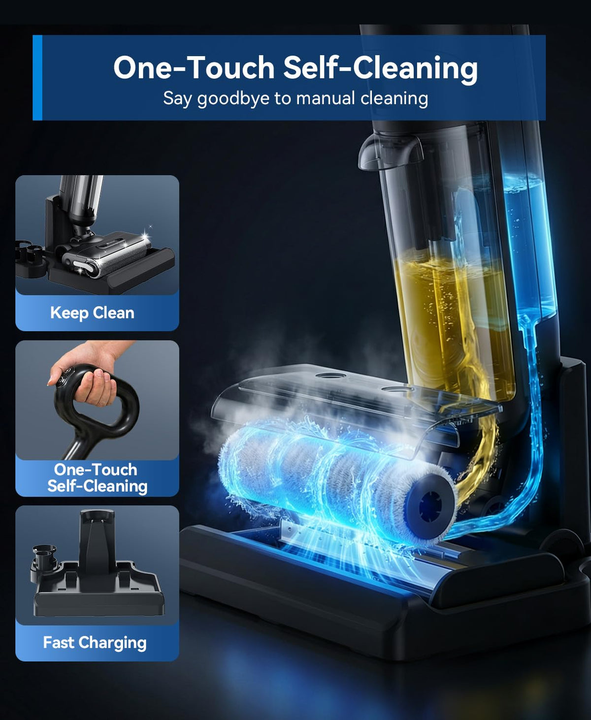 Wet Dry Vacuum Cleaner,22KPa Wet Dry Vacuum Mop with Self-Cleaning,Cordless Vacuum Mop All in One,Up to 75 Mins Runtime,One-Step Self Cleaning,Anti-Tangle Design,SmoothDrive Tech,Lightweight