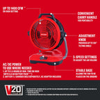 CRAFTSMAN V20 Cordless 12" Portable Fan, Battery Powered Fan, AC/DC Dual Supply, AC Adapter included, 1400 CFM, 3-Speed Settings, 130° Tilt for Garage, Workshop, Outdoor and Patio