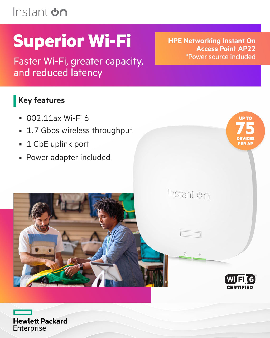 aruba Instant On AP22 .11ax 2x2 WiFi Access Point | US Model | Power Source Included (R6M49A)