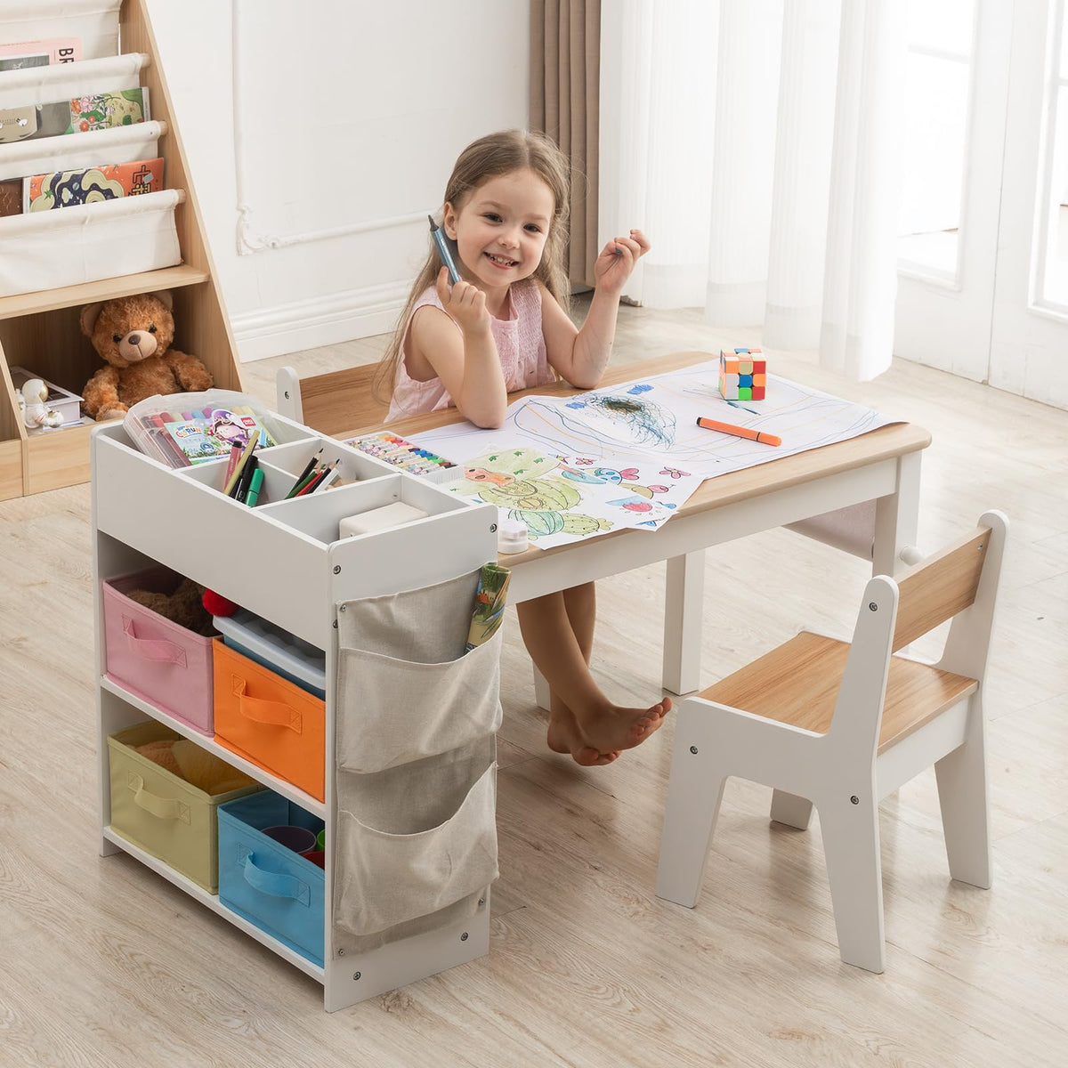 Kids Art Table and Chair Set with 2 Chair & Bins, 41" L x 20" W, Natural
