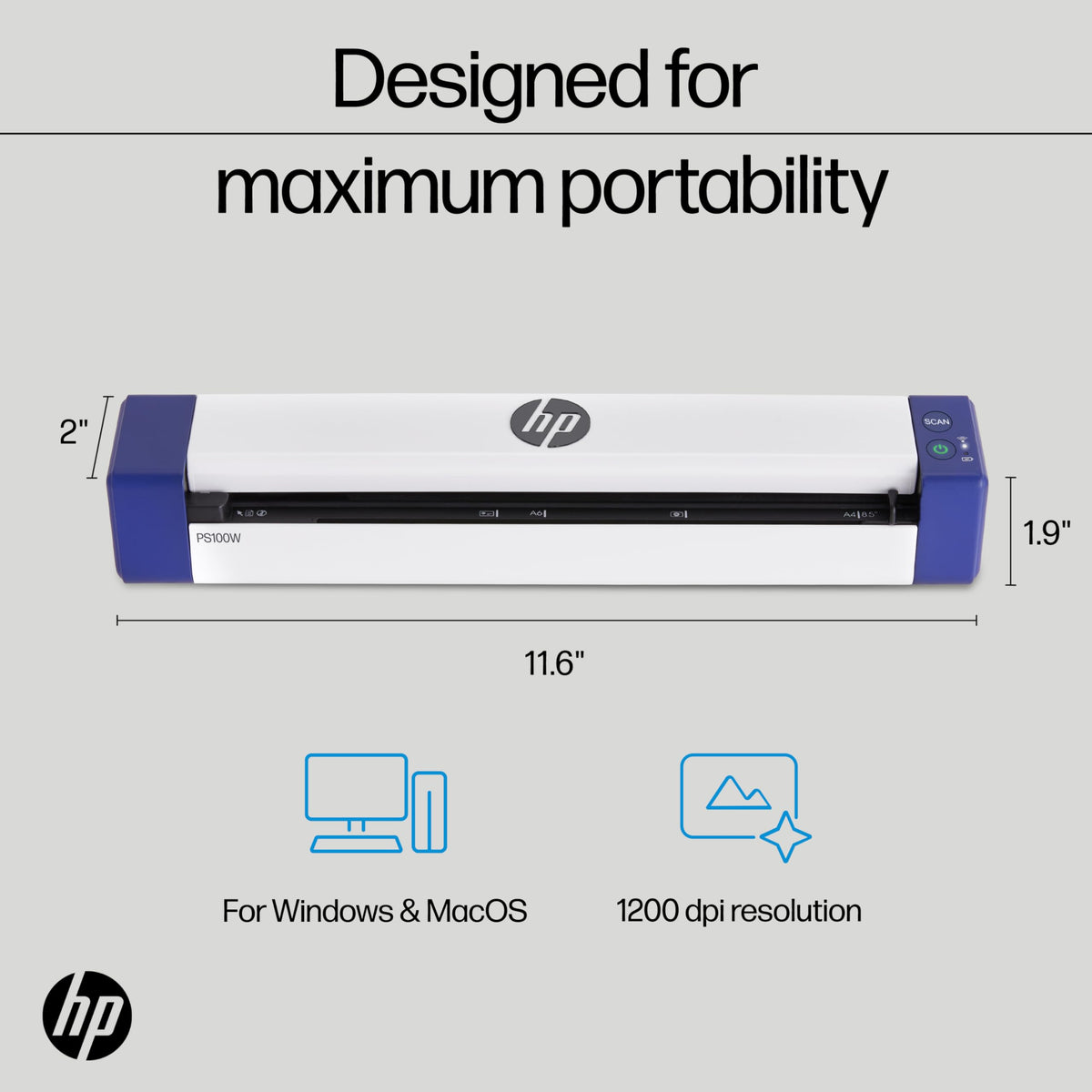HP PS100W Portable Document Scanner for Laptop, Wi-Fi Direct, 8.5" x 14"