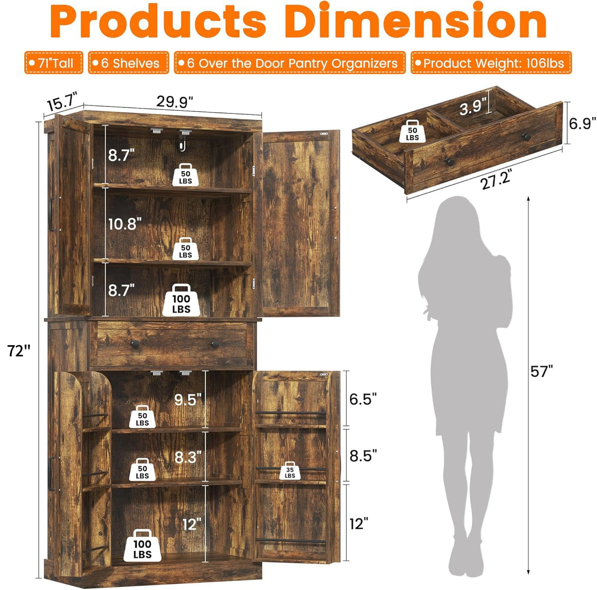 72" Tall Sewing Craft Storage Cabinet with Adjustable Shelves