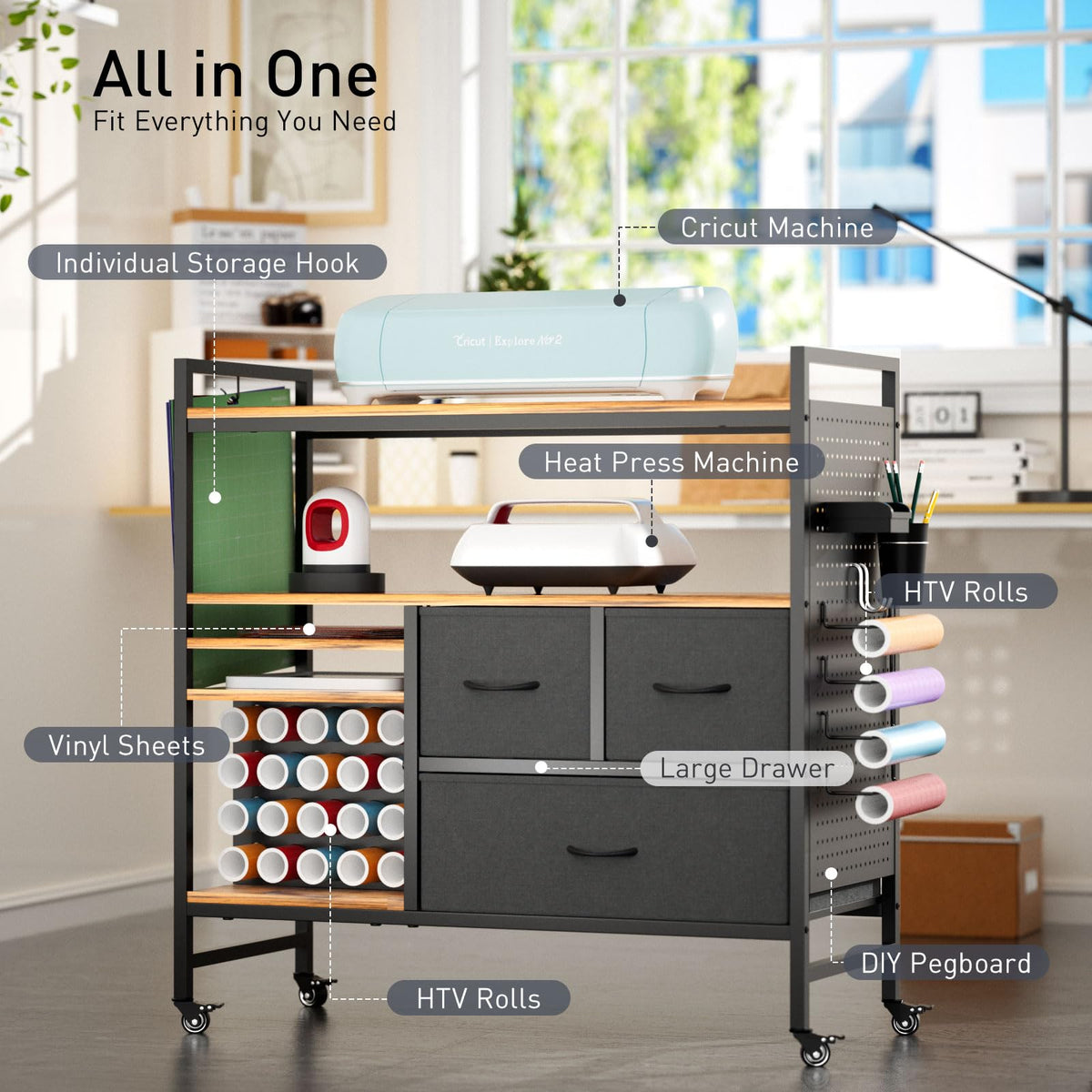 Craft Storage Cart Compatible with Cricut, 20-Roll Rack & Pegboard