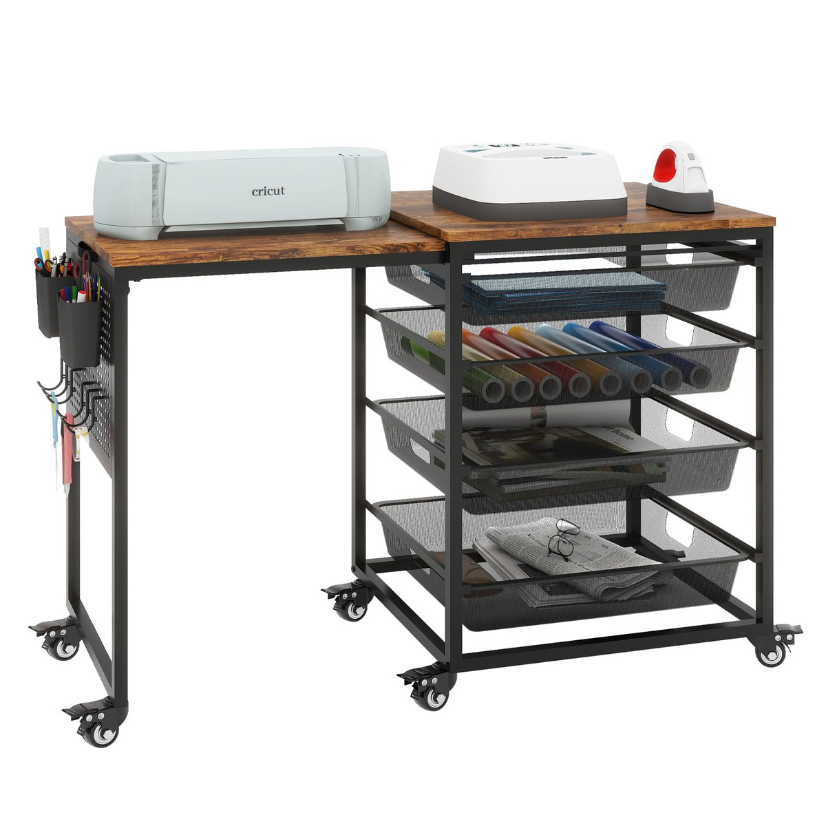 Craft Table with Wheels & Drawer,Extendable Cart with Pegboard,Retro