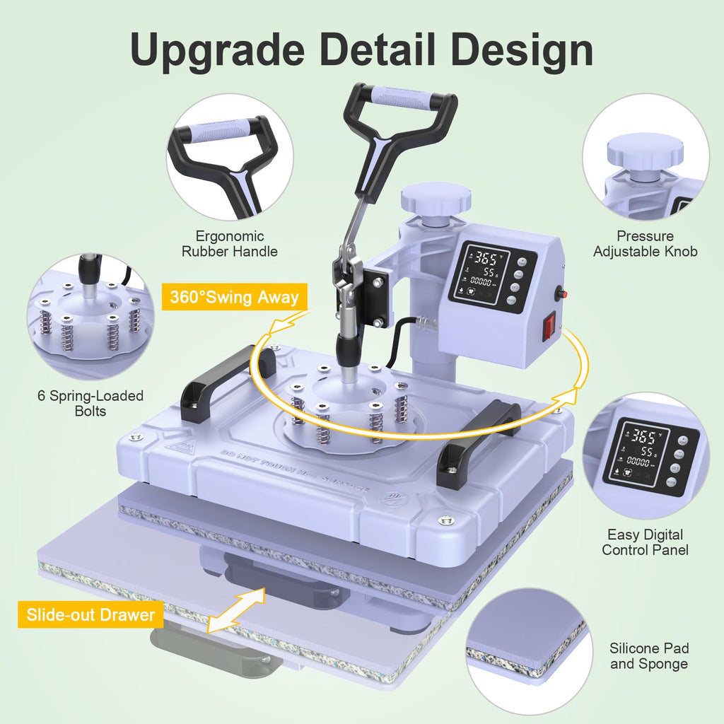 Seeutek Heat Press 5in 1 Heat Press Machine 12x15 Inch Sublimation T Shirt Pressing with 30OZ 20OZ Tumbler Heat Press 360° Swing Away Heat Transfer Combo for T-Shirts, Hats, Mugs, Plates-Lavender