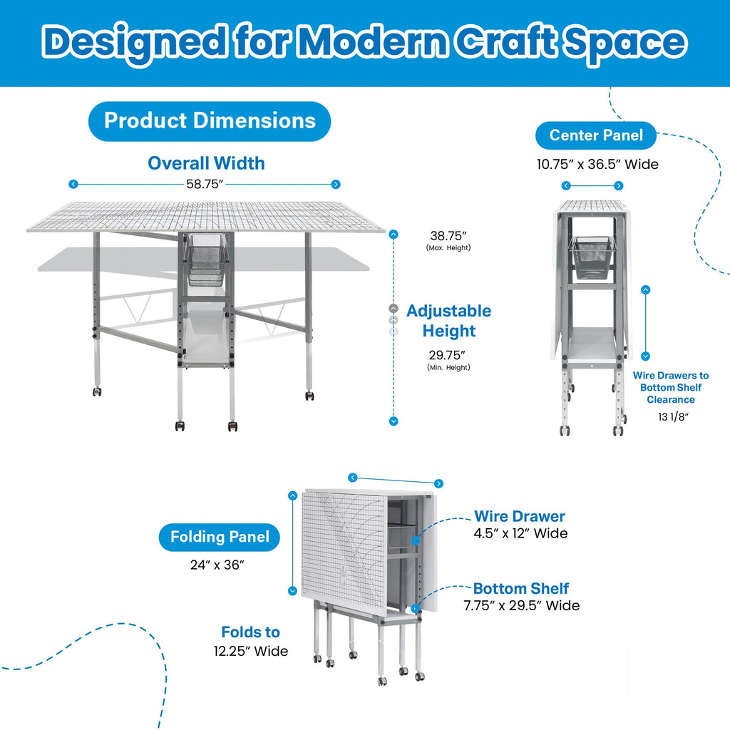 Sew Ready Foldable Hobby and Cutting Grid Table, White, 58.75 x 36.5 Inch