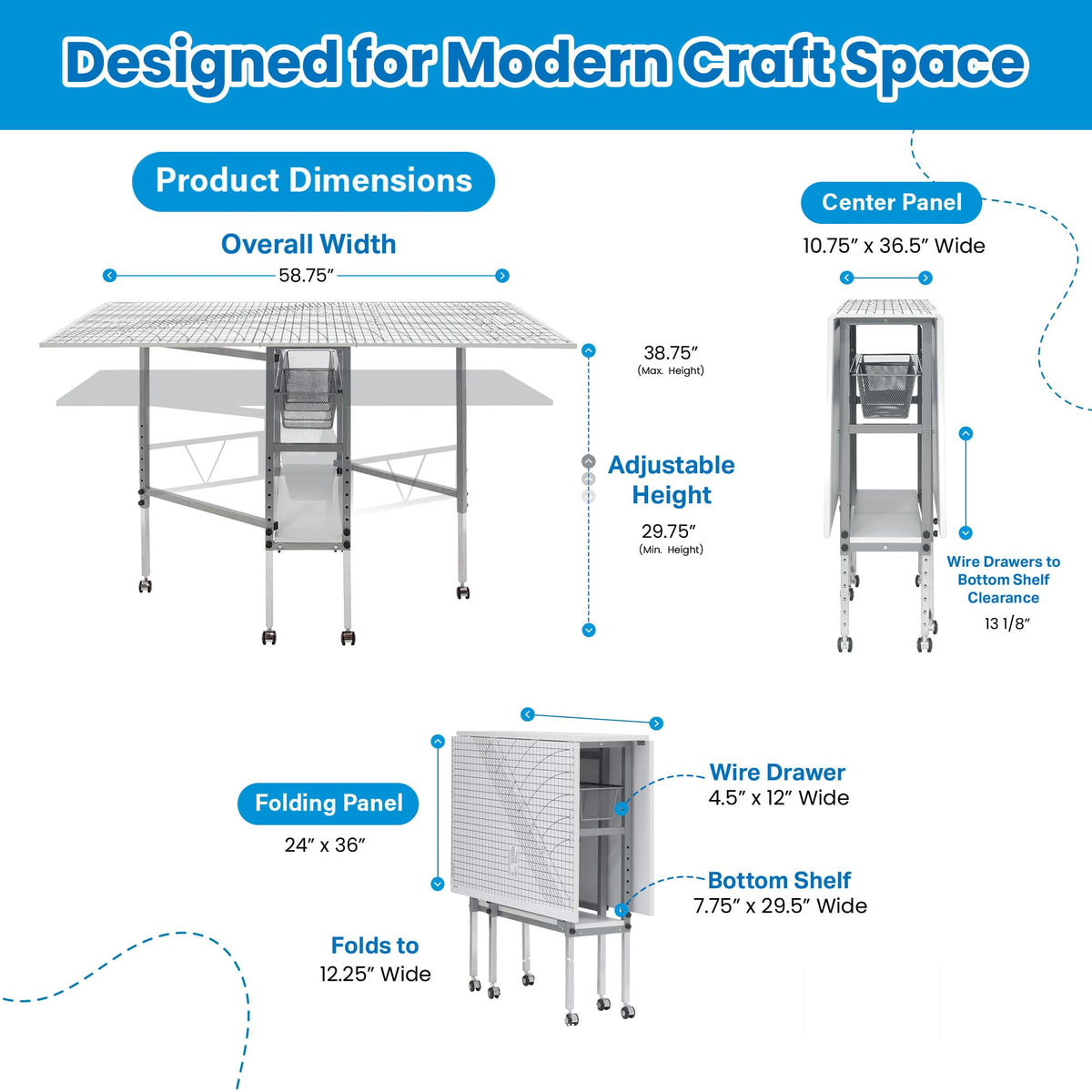 Sew Ready Foldable Hobby and Cutting Grid Table, White, 58.75 x 36.5 Inch