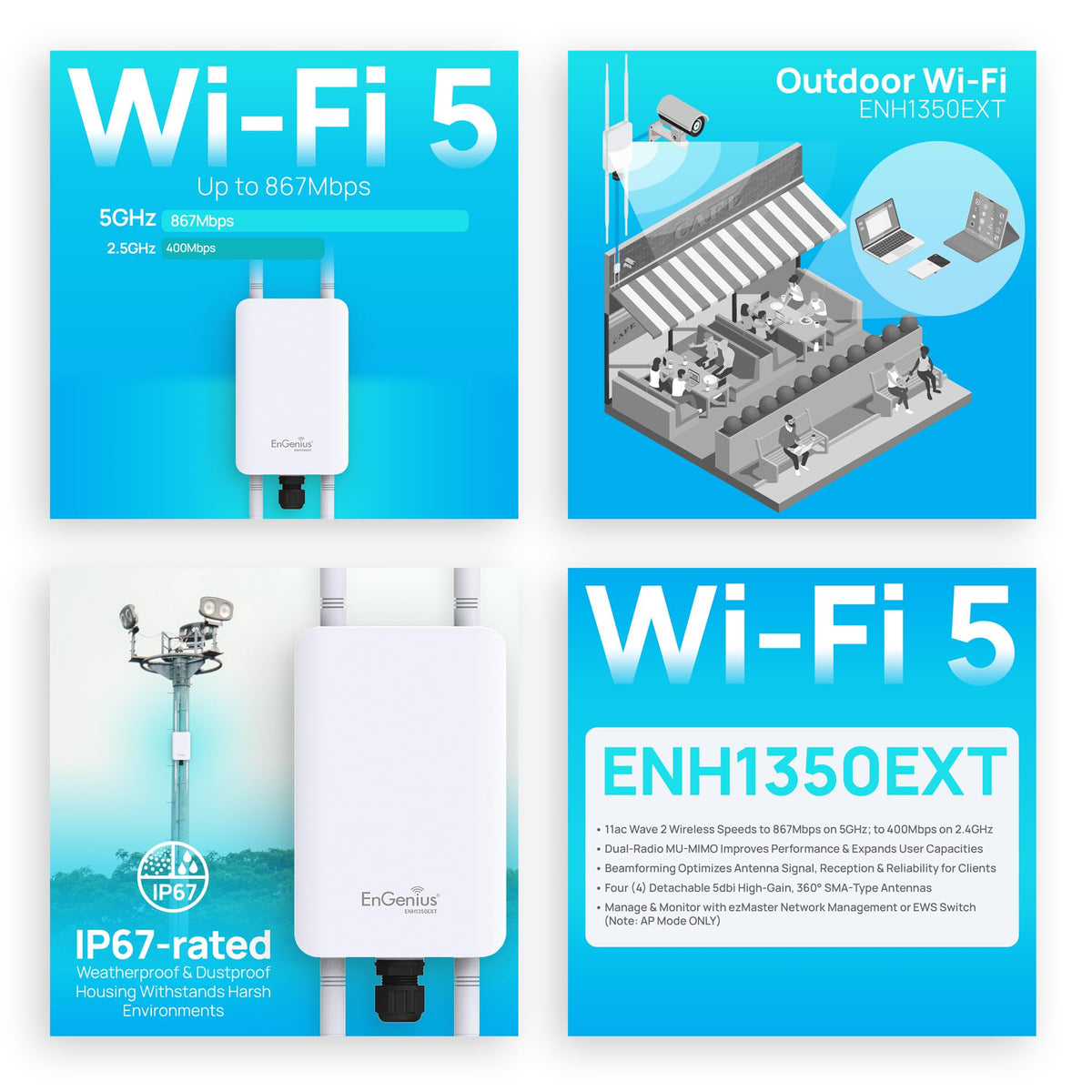 EnGenius ENH1350EXT Wi-Fi 5 AC1300 Outdoor Access Point - IP67 Weatherproof, Dual-Band Long Range Extender, MU-MIMO, PoE Injector & Mounting Kit Included