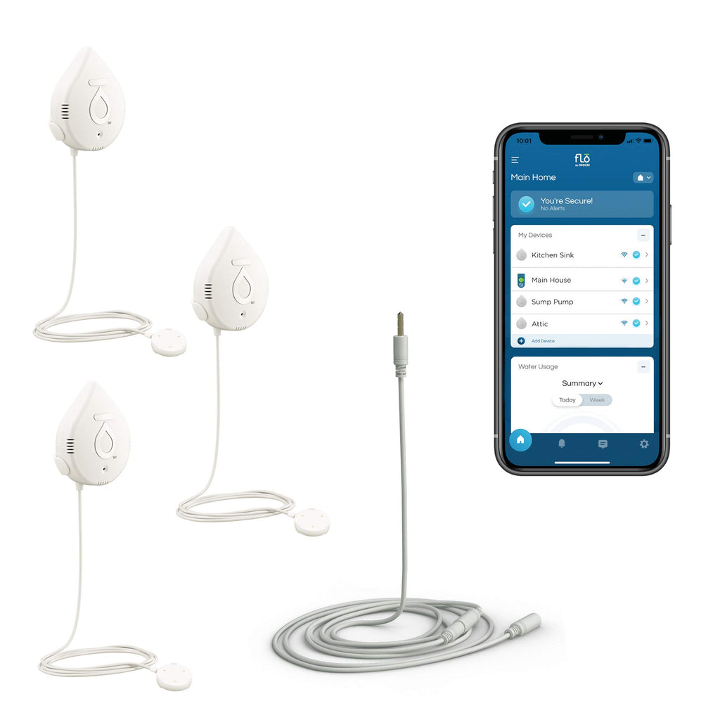 Moen 920-005 Flo Smart Water Leak Detector, White, 3-Pack with 3-Pack 6-Foot Leak Sensing Cable