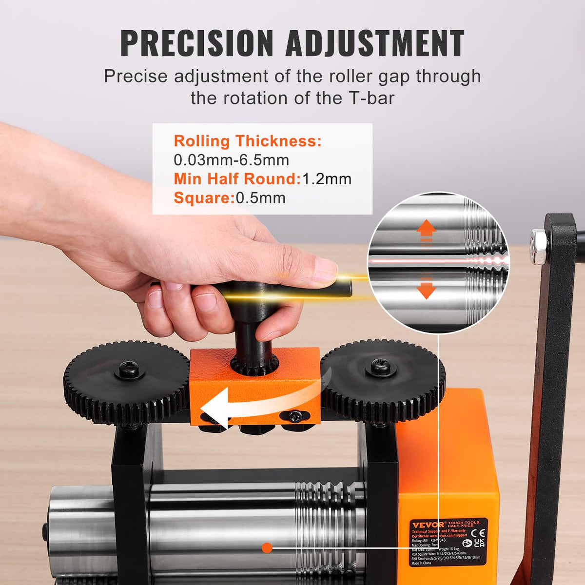 VEVOR Jewelry Press, 75mm Width, 3-in-1 Functionality, Gear Ratio 1:2, Adjustable 0.03-6.5mm Press Thickness, Ideal for Crafting Metal Jewelry Sheets, Squares, Wires, and Semicircles
