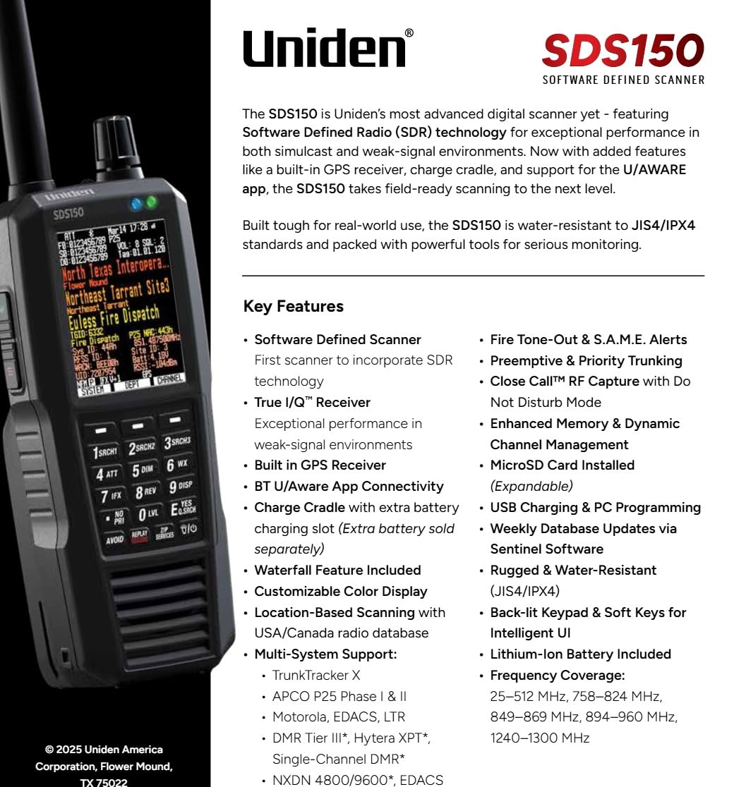 New Uniden SDS150, Our Most Advanced Digital Radio Scanner Ever, Software Defined Radio (SDR) Technology, Exceptional Performance in Simulcast and Weak-Signal environments, Built-in GPS
