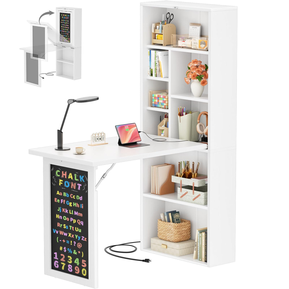 Small Folding Desk with Outlets, Fold-Out Murphy Desk Craft Table