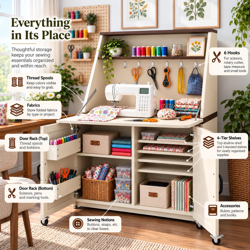Foldable Sewing Craft Table with Storage Cabinet & Power Outlets, White