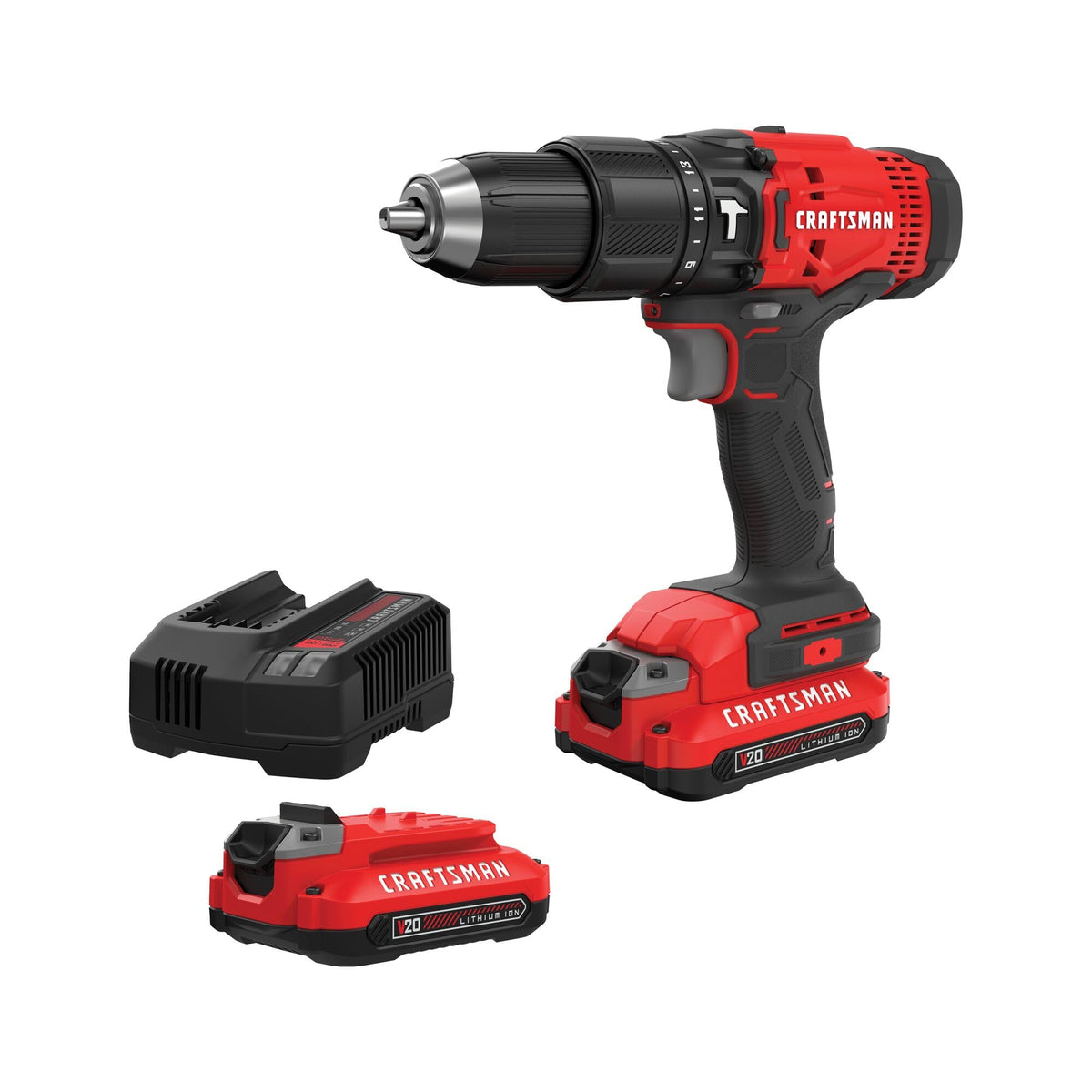 CRAFTSMAN 20V MAX 1/2 Cordless Hammer Drill, Includes 2 Batteries (2 Ah), Charger and Double Ended Bit, Longer Runtime Power Hammer Drill with LED Light (CMCD712D2)