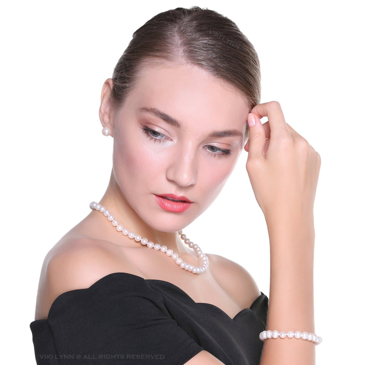 Freshwater Cultured Pearl Necklace Set Includes Stunning Bracelet and Stud Earrings Jewelry for Women Gift for Mother's Day, Anniversary, Birthday, Wedding