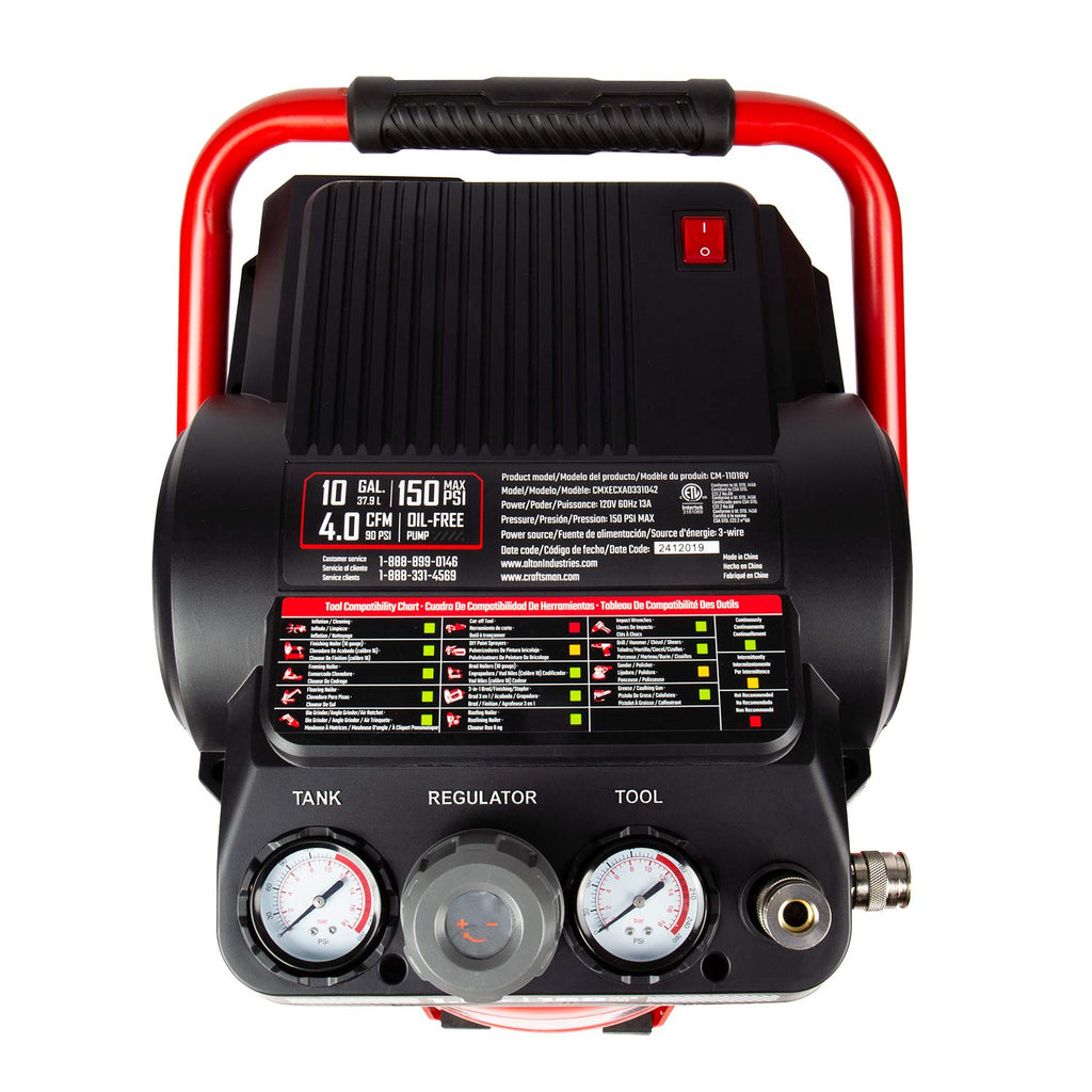 Craftsman Air Compressor 10 Gallon, Peak 1.8 HP, Max 150 PSI, 4.0CFM@90PSI, 5.0 CFM@40PSI, Oil-free, Portable Air Compressor with Wheel, 120V, Model: CMXECXA0331042
