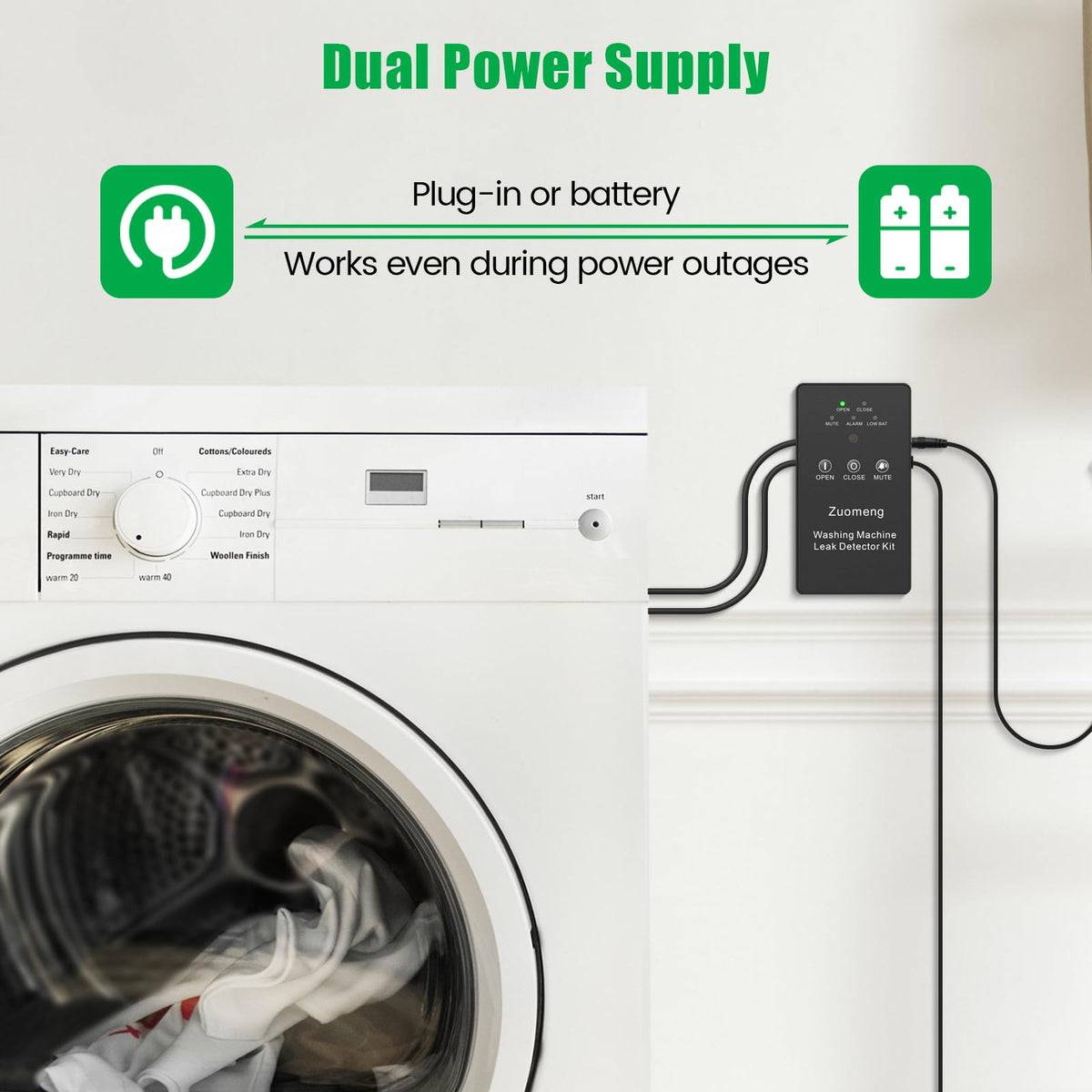 Washing Machine Water Leak Detector Kit with Dual Power Supply, Precise Sensor, Automatic Shut-Off Hot & Cold Valves 3/4" 90° , Alarm Sound and Alarm Light