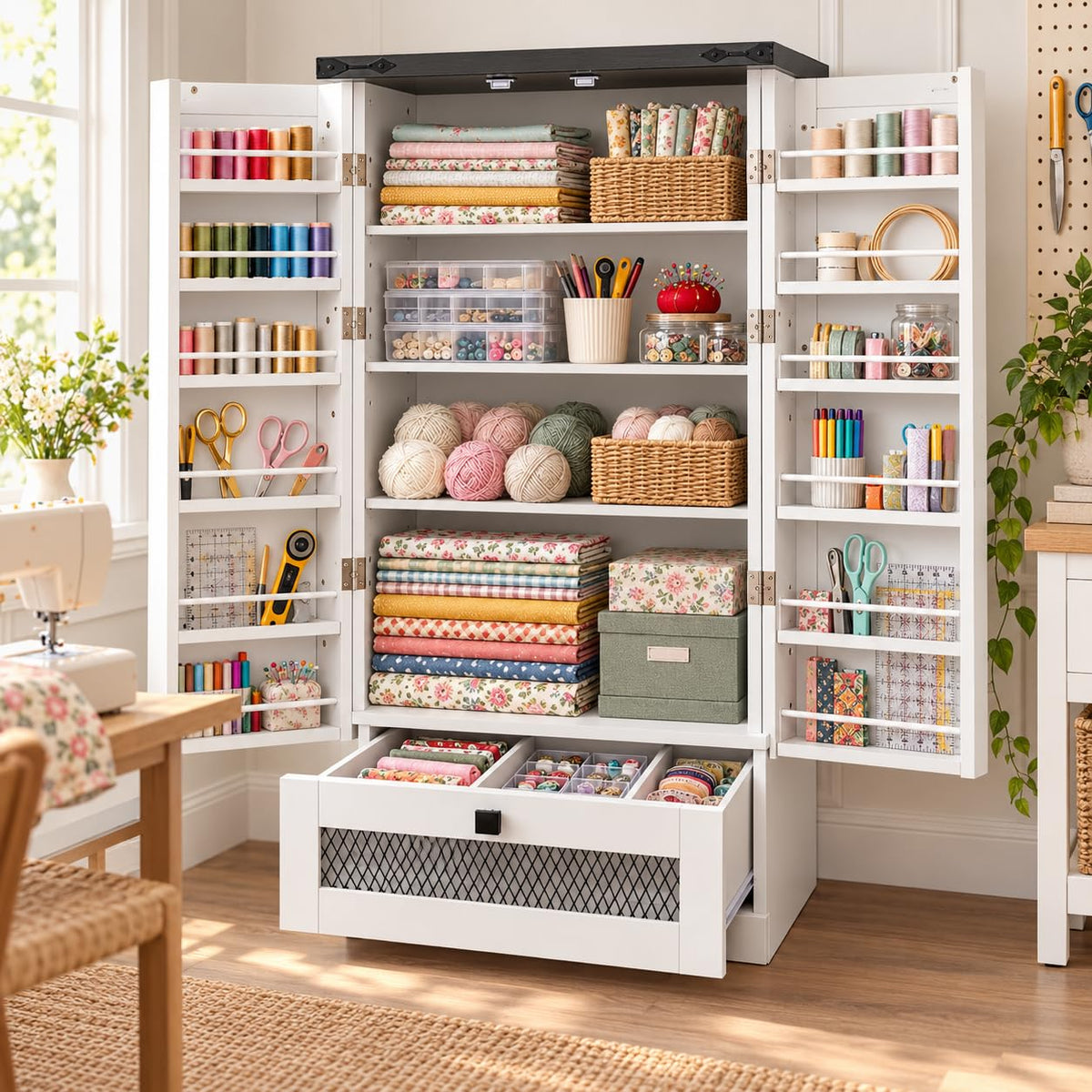 Sewing Cabinet with Storage, 47" Tall Craft Organizer for Sewing Machine, Double Doors with Thread Shelves, Adjustable Interior Shelves and Bottom Drawer (Brown)