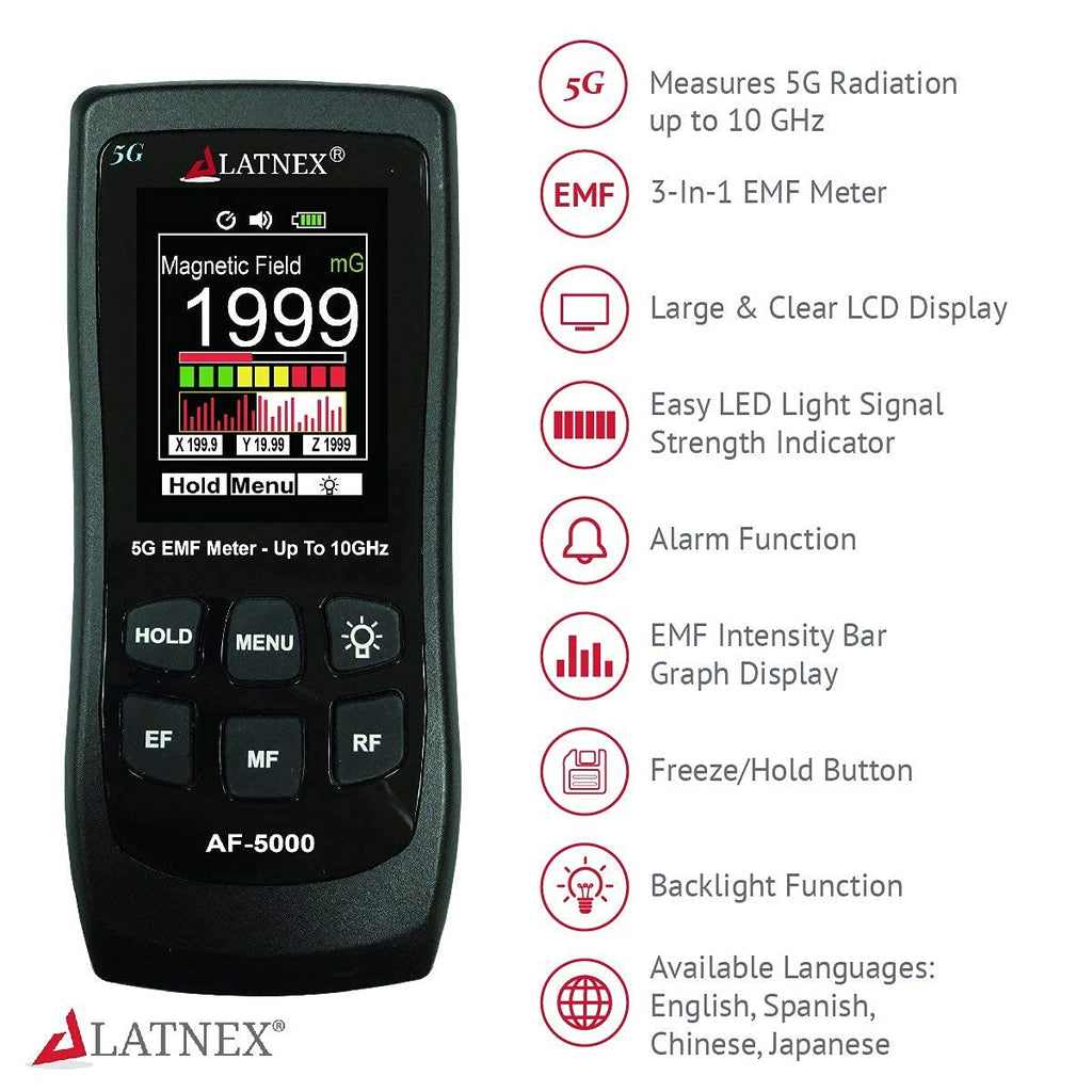 AF-5000 5G EMF Meter RF Detector Tester and Reader with Calibration Certificate - Tests and Measures RF and Microwaves, 3-Axis Gauss or Tesla Magnetic Fields and Electrical ELF Fields