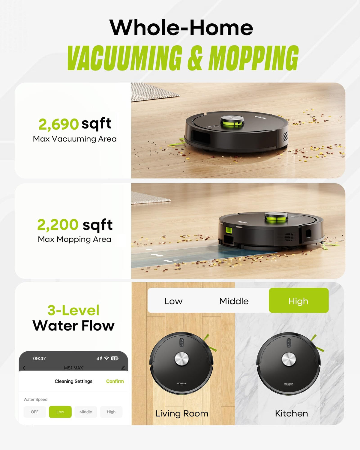 MONSGA Robot Vacuum and Mop, 90 Days Self-Emptying with 10000Pa Suction
