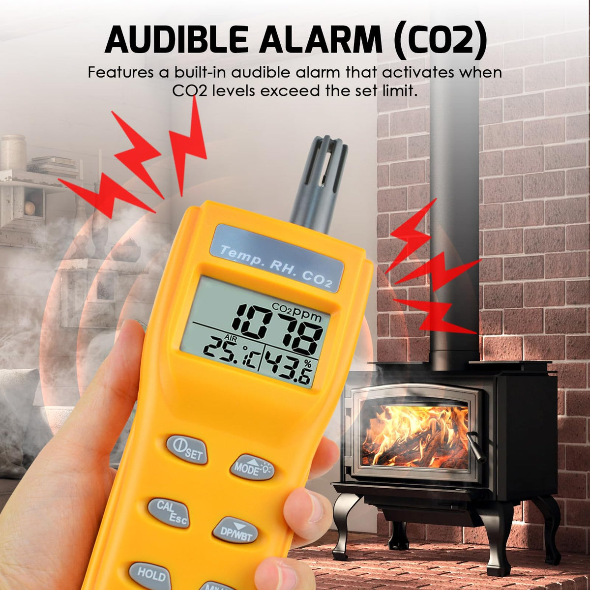 CO2 Meter Portable CO2 Detector Digital CO2 Monitor with Alarm Function Carbon Dioxide Temperature and Humidity Meter, NDIR CO2 Sensor Indoor Air Quality Monitor for Home Office Grow Room