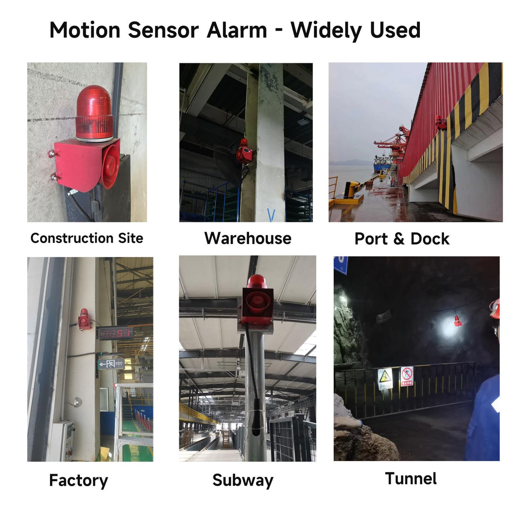 Motion Sensor Alarm 120dB Horn Adjustable Volume Tones Waterproof LED Strobe Light Sirens Motion Detector Alarm System for Factories, Warehouses and Docks Security AC110-120 V SLA-01W