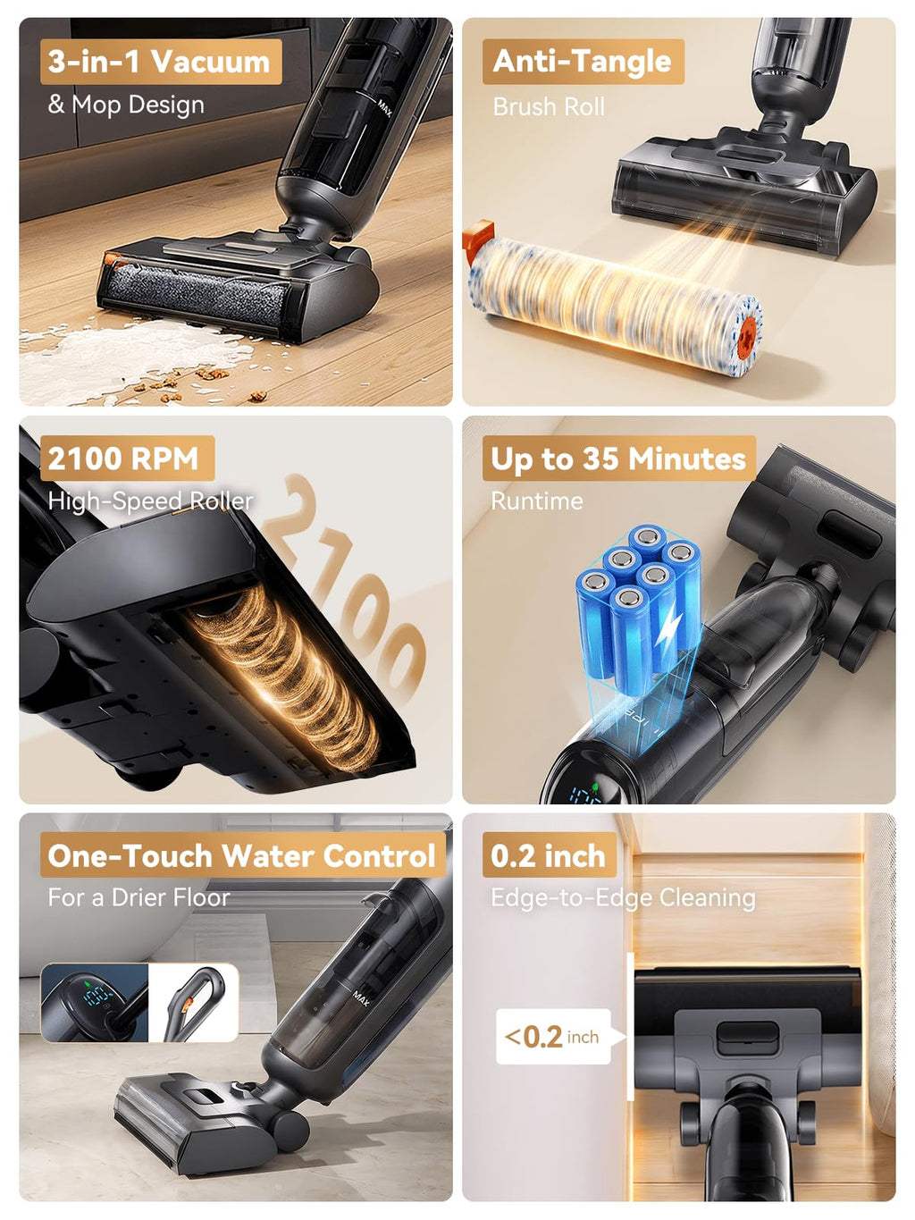ILIFE D90 Cordless Wet Dry Vacuum Cleaner, Vacuum and Mop for Hard Floor, Sticky Messes and Pet Hair, Self-Cleaning, 2100 RPM Anti-Tangle Brush Roll, Dual Tanks, Up to 35 Mins Runtime,Black