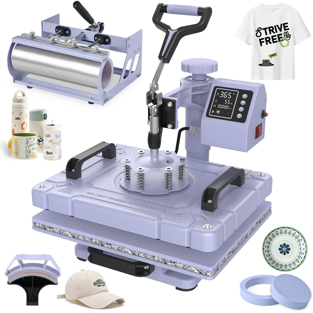 Seeutek Heat Press 5in 1 Heat Press Machine 12x15 Inch Sublimation T Shirt Pressing with 30OZ 20OZ Tumbler Heat Press 360° Swing Away Heat Transfer Combo for T-Shirts, Hats, Mugs, Plates-Lavender
