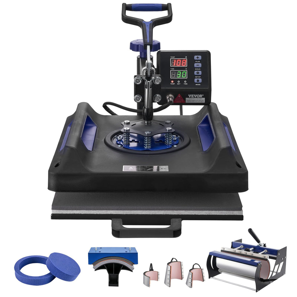 VEVOR Heat Press Machine 12 x 15 Inch 8 in 1 Heat Press Sublimation Machine 360° Rotation Swing Away 8 in 1 Shirt Printing Machine Dual-Tube Heating for DIY T-Shirts Cap & Mugs Blue
