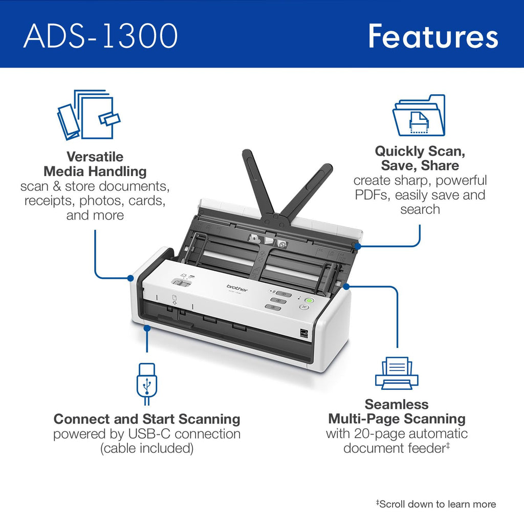 Brother ADS-1300 Compact Desktop Scanner | Scan Speeds of Up to 30ppm | Single Pass Double-Sided Scanning