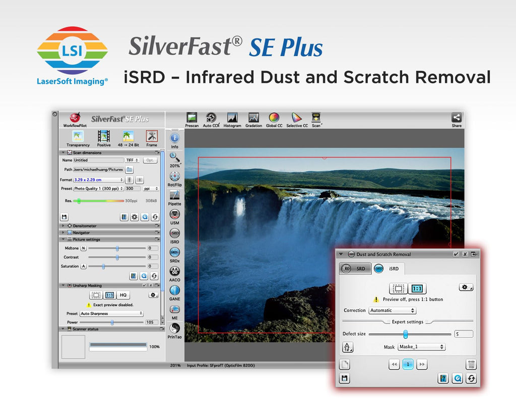 Plustek OpticFilm 8200i SE , 35mm Film & Slide Scanner. 7200 dpi / 48-bit Output. Integrated Infrared Dust/Scratch Removal. Bundle Silverfast SE Plus 9 , Support Mac and PC.