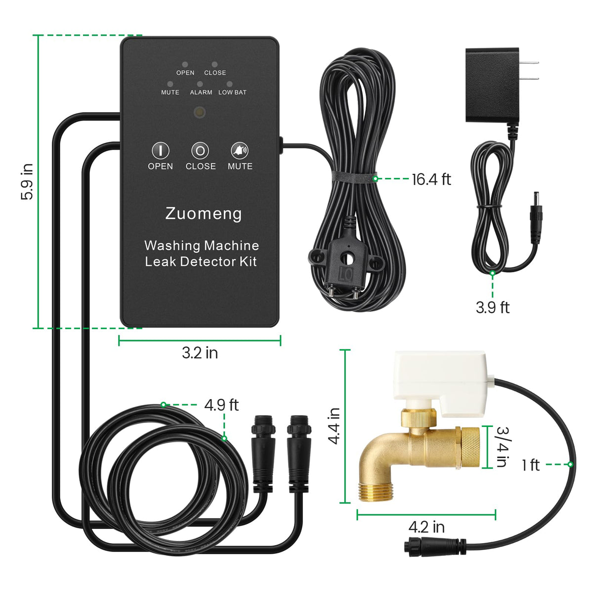 Washing Machine Water Leak Detector Kit with Dual Power Supply, Precise Sensor, Automatic Shut-Off Hot & Cold Valves 3/4" 90° , Alarm Sound and Alarm Light