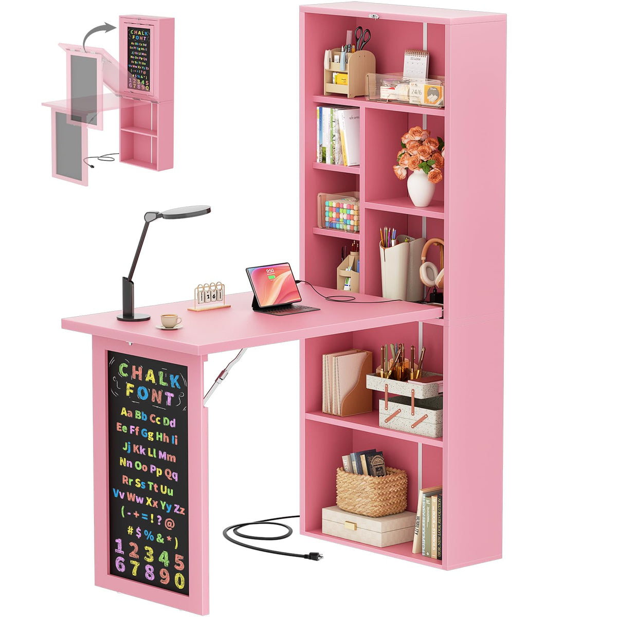 Small Folding Desk with Outlets, Fold-Out Murphy Desk Craft Table