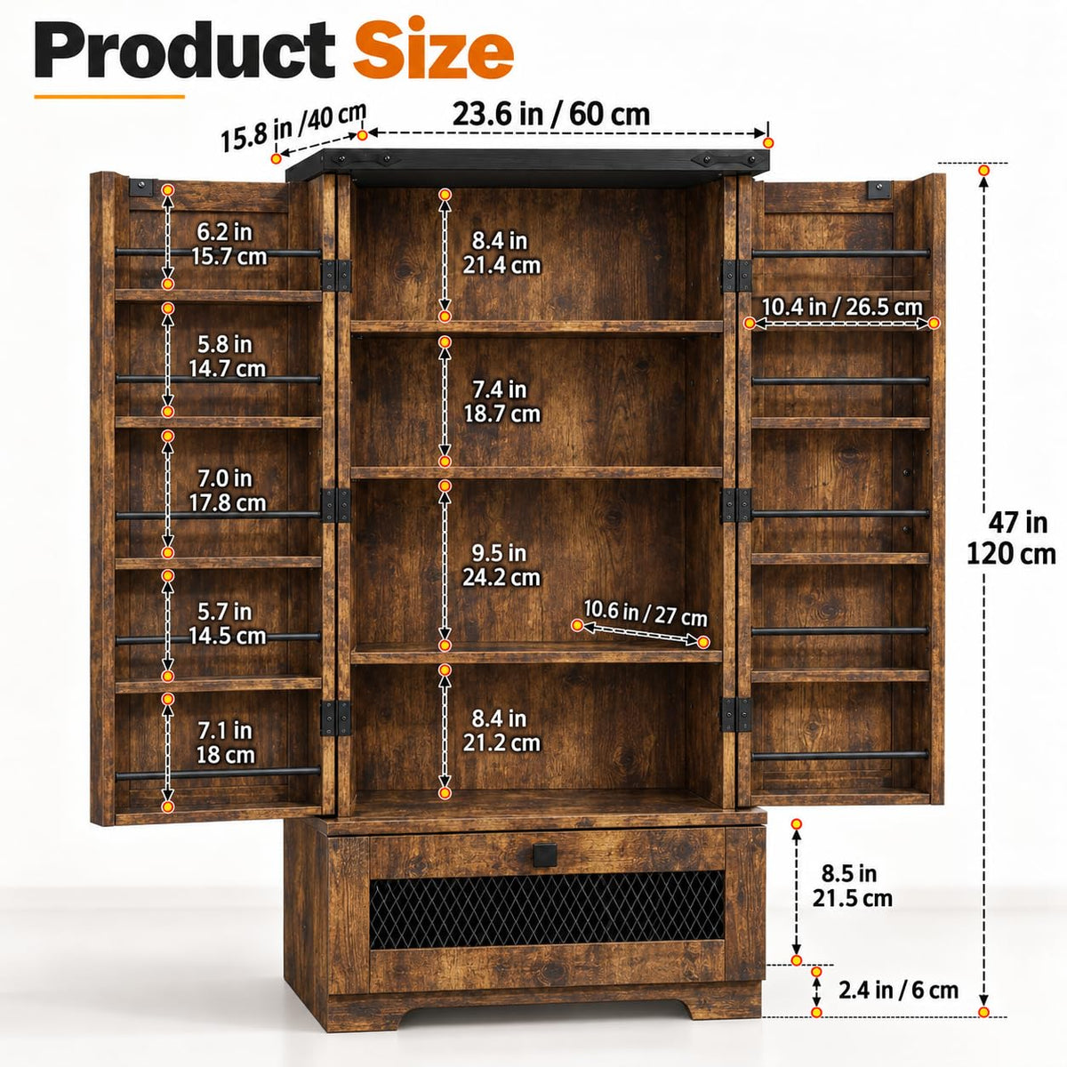 Sewing Cabinet with Storage, 47" Tall Craft Organizer for Sewing Machine, Double Doors with Thread Shelves, Adjustable Interior Shelves and Bottom Drawer (Brown)
