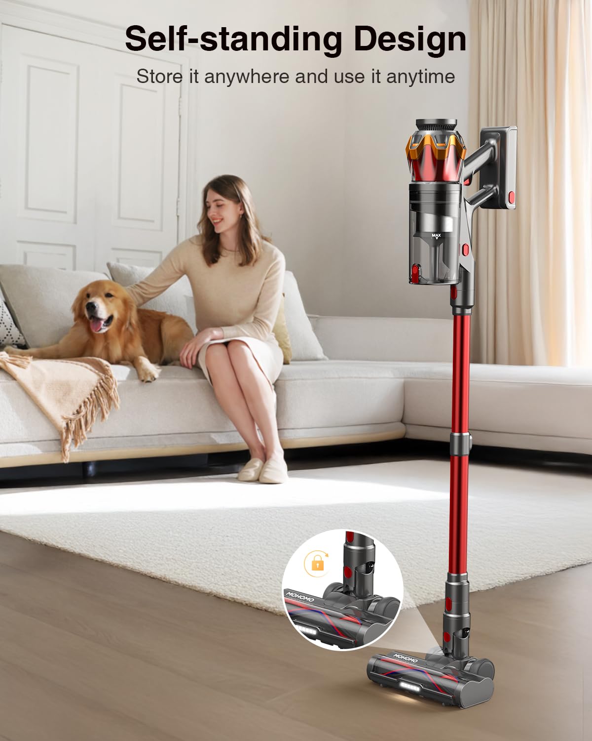 Cordless Vacuum Cleaner, 650W/60KPa 70Mins Vacuum Cleaners for Home, Self-Standing Stick Vacuum with Anti-Tangle Brush & OLED Touch Screen, Vacuum Cleaner for Hardwood Floors,Carpet,Pet Hair,Car (Red)