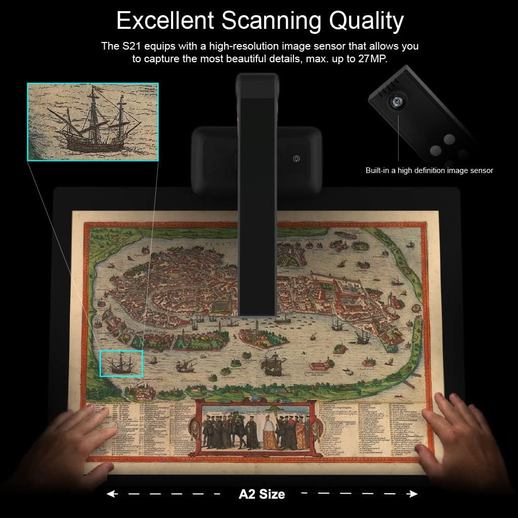 Large Format Book & Document Scanner, Capture Size A2/A3, 26MP USB Document Camera with Auto-Flatten, Fingerprint Removal Technologies, Multi-Language OCR, Compatible with Windows & macOS