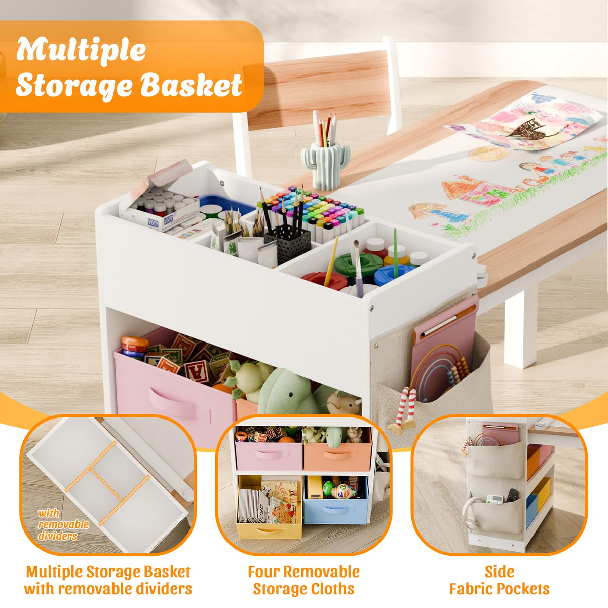 Kids Art Table and Chair Set with 2 Chair & Bins, 41" L x 20" W, Natural