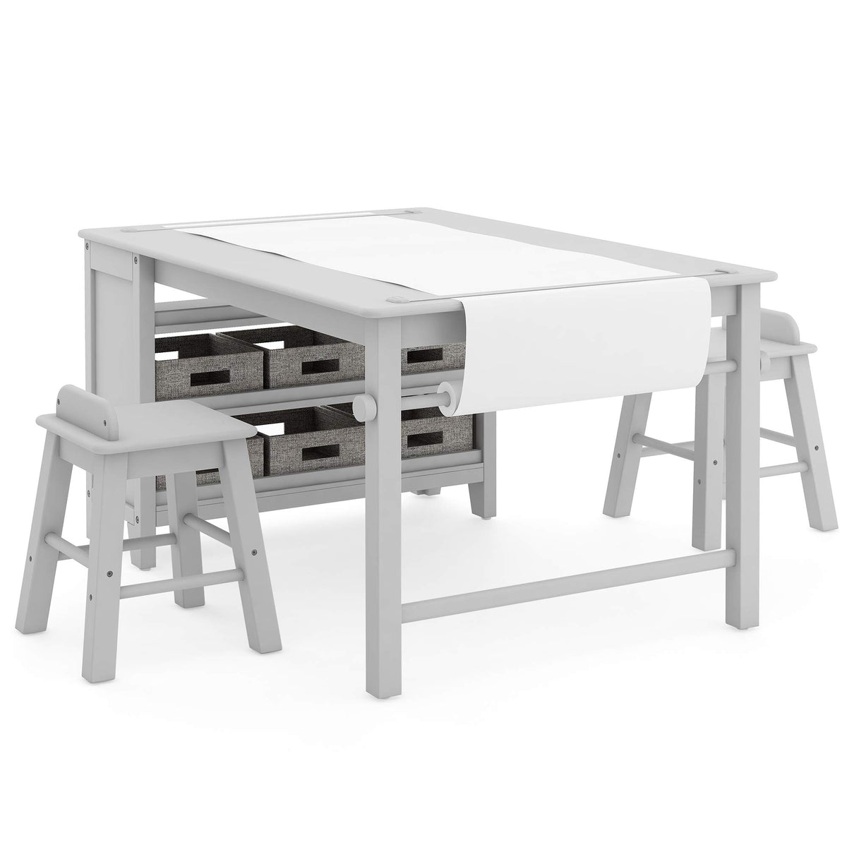 Martha Stewart Kids' Art Table and Stools Set - Gray: Wooden Kids' Activity Table and Chairs Set w/Storage, Bins Paper Roll for Coloring & Craft Activities | Study & Play Desk for Playroom Furniture